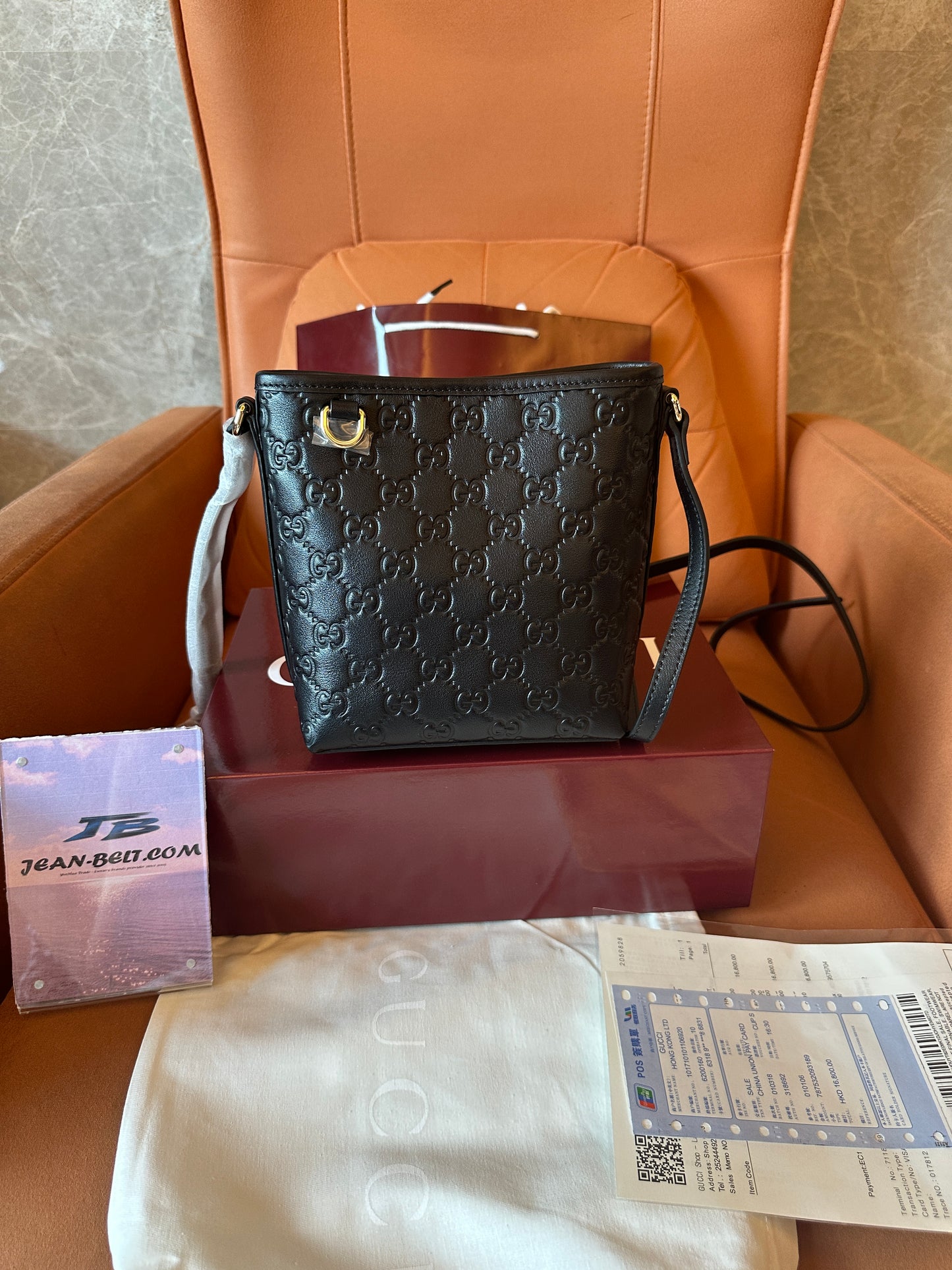 Gucci GG Embossed Black Leather Mini Bucket Bag