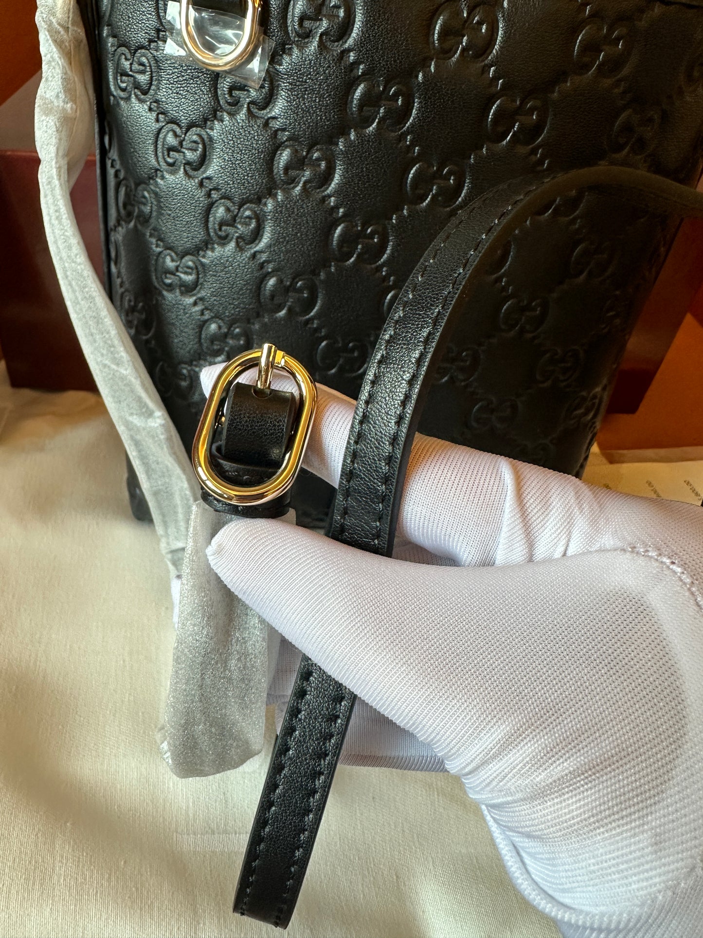 Gucci GG Embossed Black Leather Mini Bucket Bag