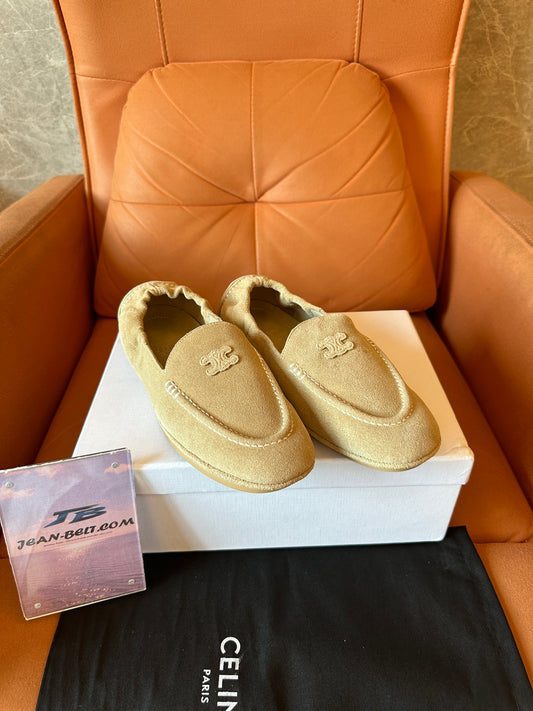 Celine Tan Suede Triomphe Loafers