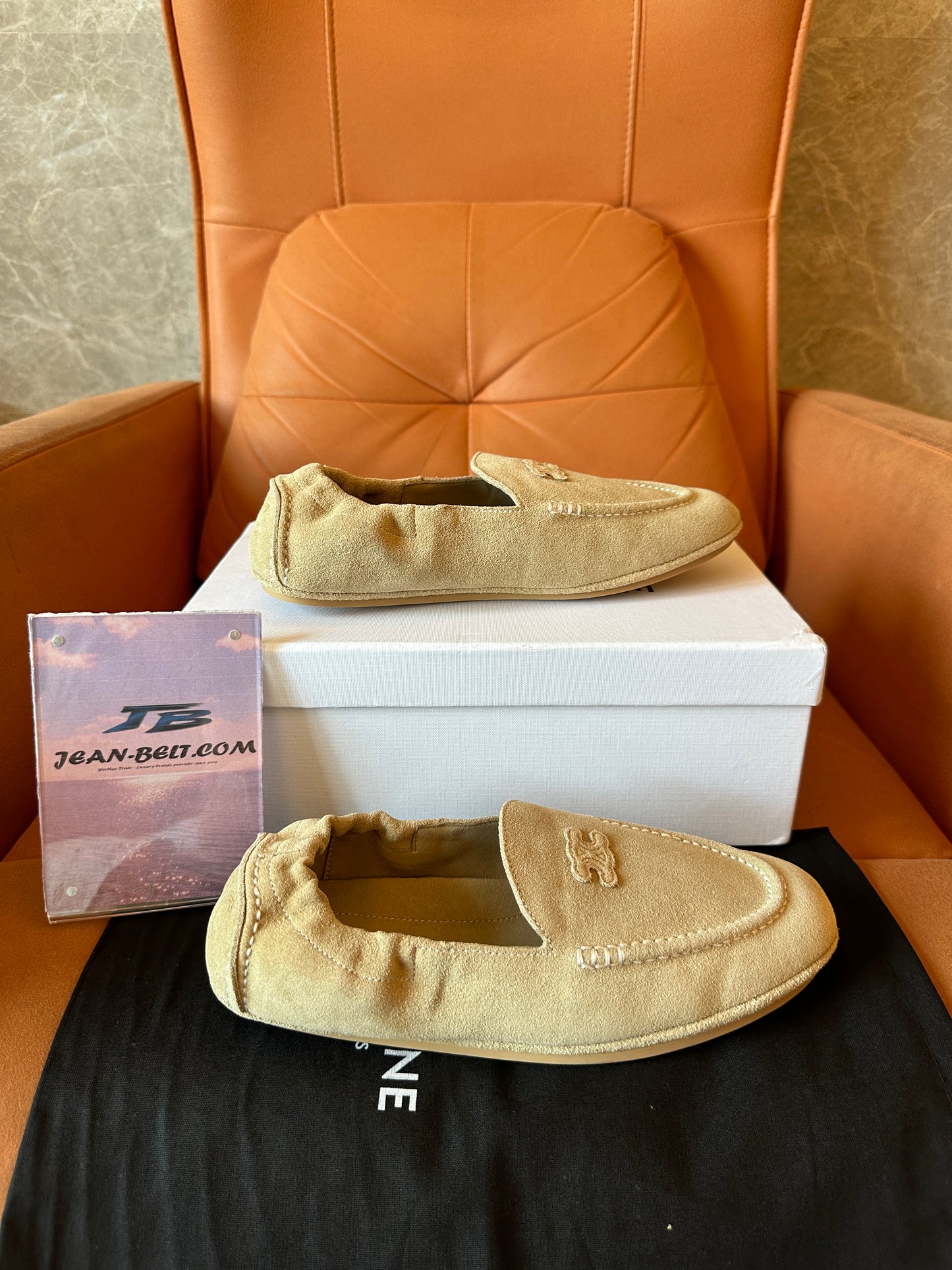 Celine Tan Suede Triomphe Loafers