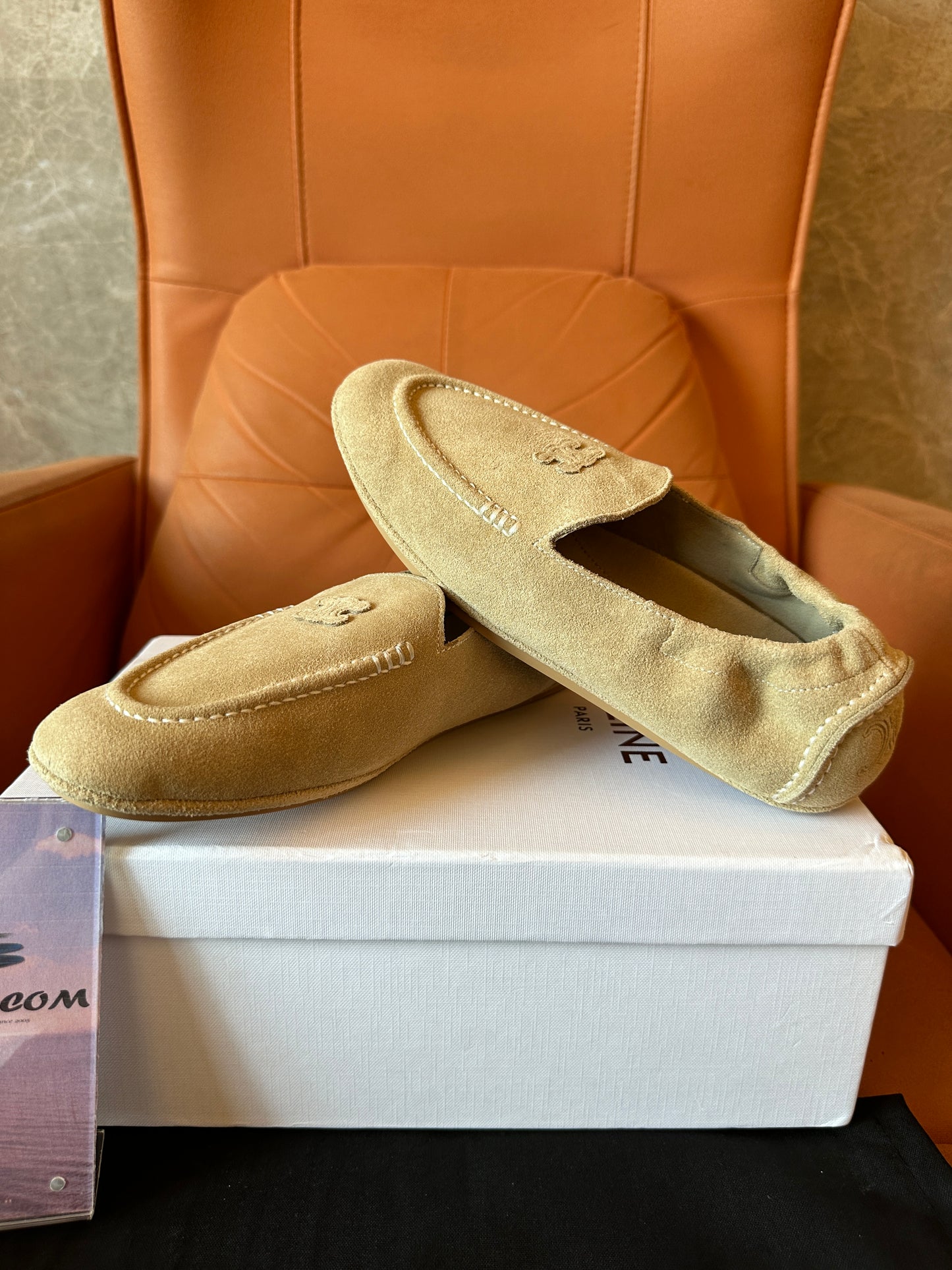 Celine Tan Suede Triomphe Loafers