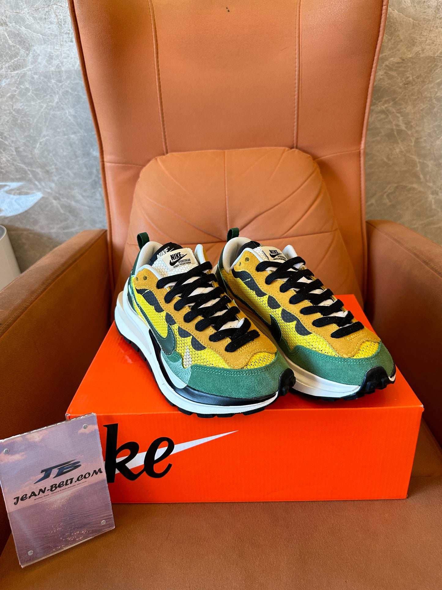 Nike x sacai VaporWaffle "Tour Yellow / Stadium Green" Mesh Suede Sneakers