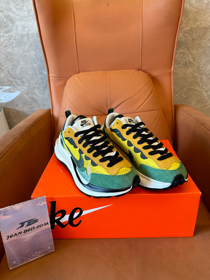 Nike x sacai VaporWaffle "Tour Yellow / Stadium Green" Mesh Suede Sneakers
