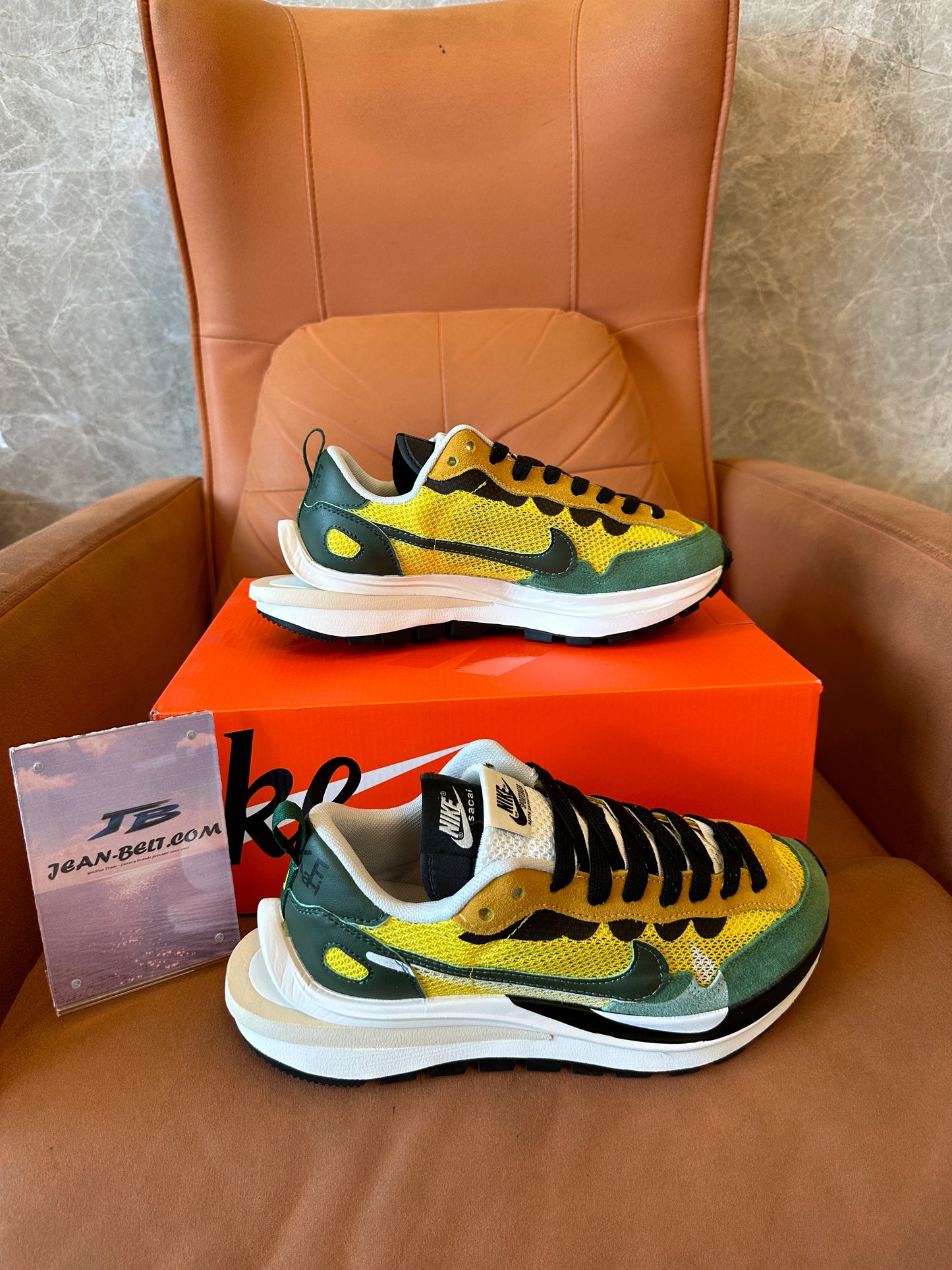 Nike x sacai VaporWaffle "Tour Yellow / Stadium Green" Mesh Suede Sneakers