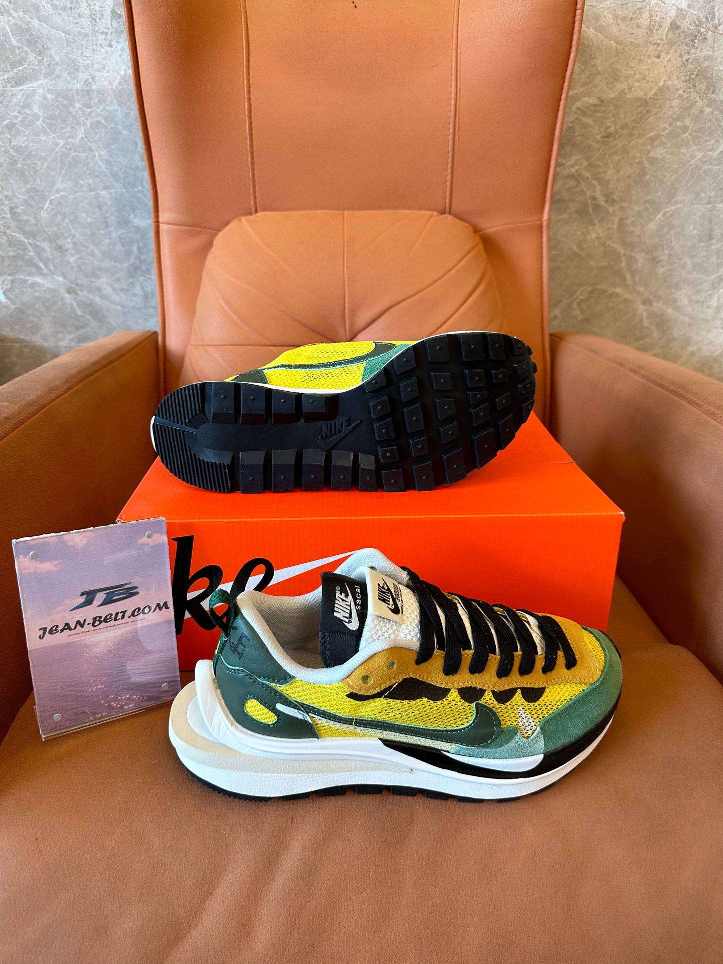 Nike x sacai VaporWaffle "Tour Yellow / Stadium Green" Mesh Suede Sneakers