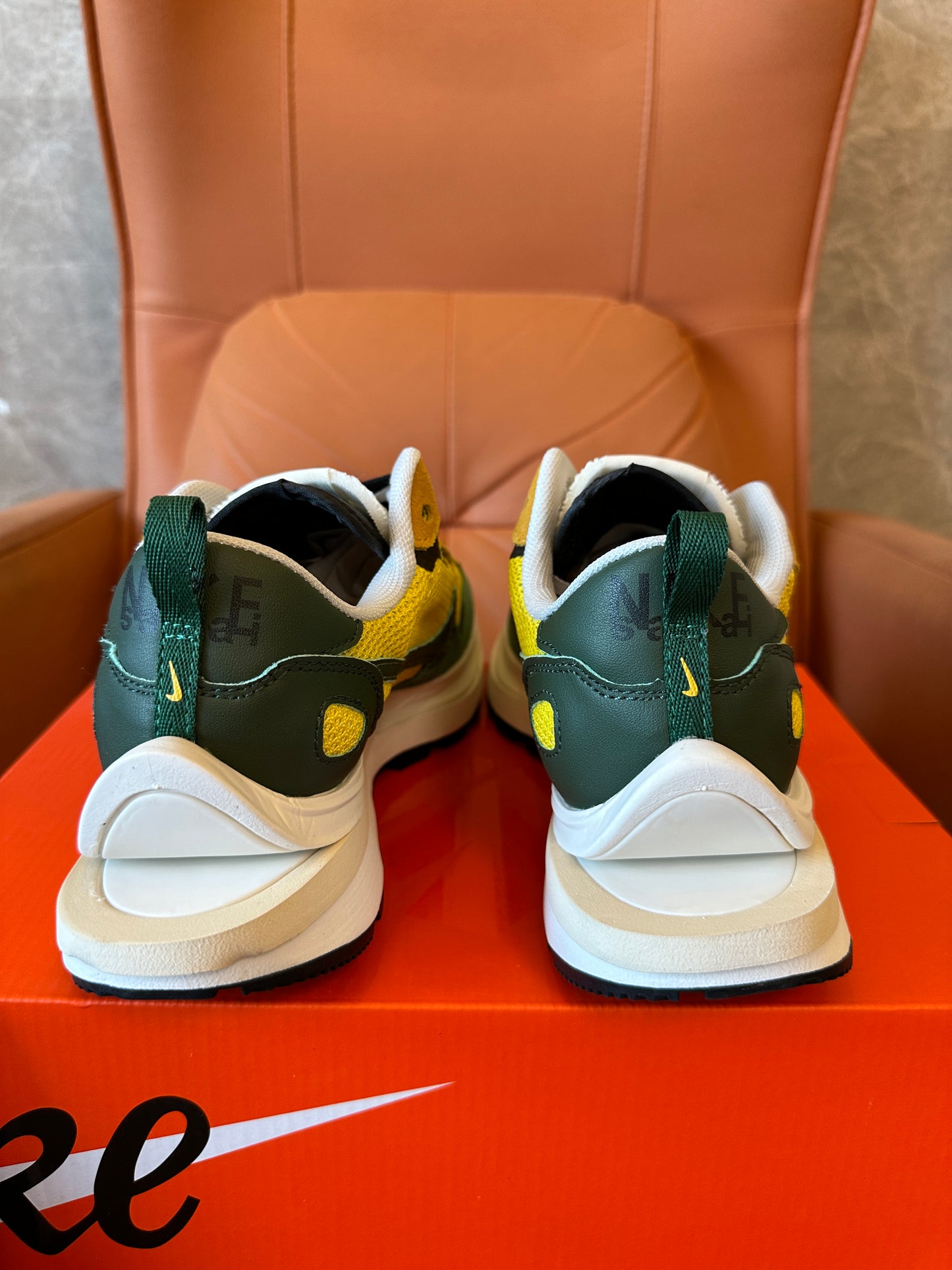 Nike x sacai VaporWaffle "Tour Yellow / Stadium Green" Mesh Suede Sneakers