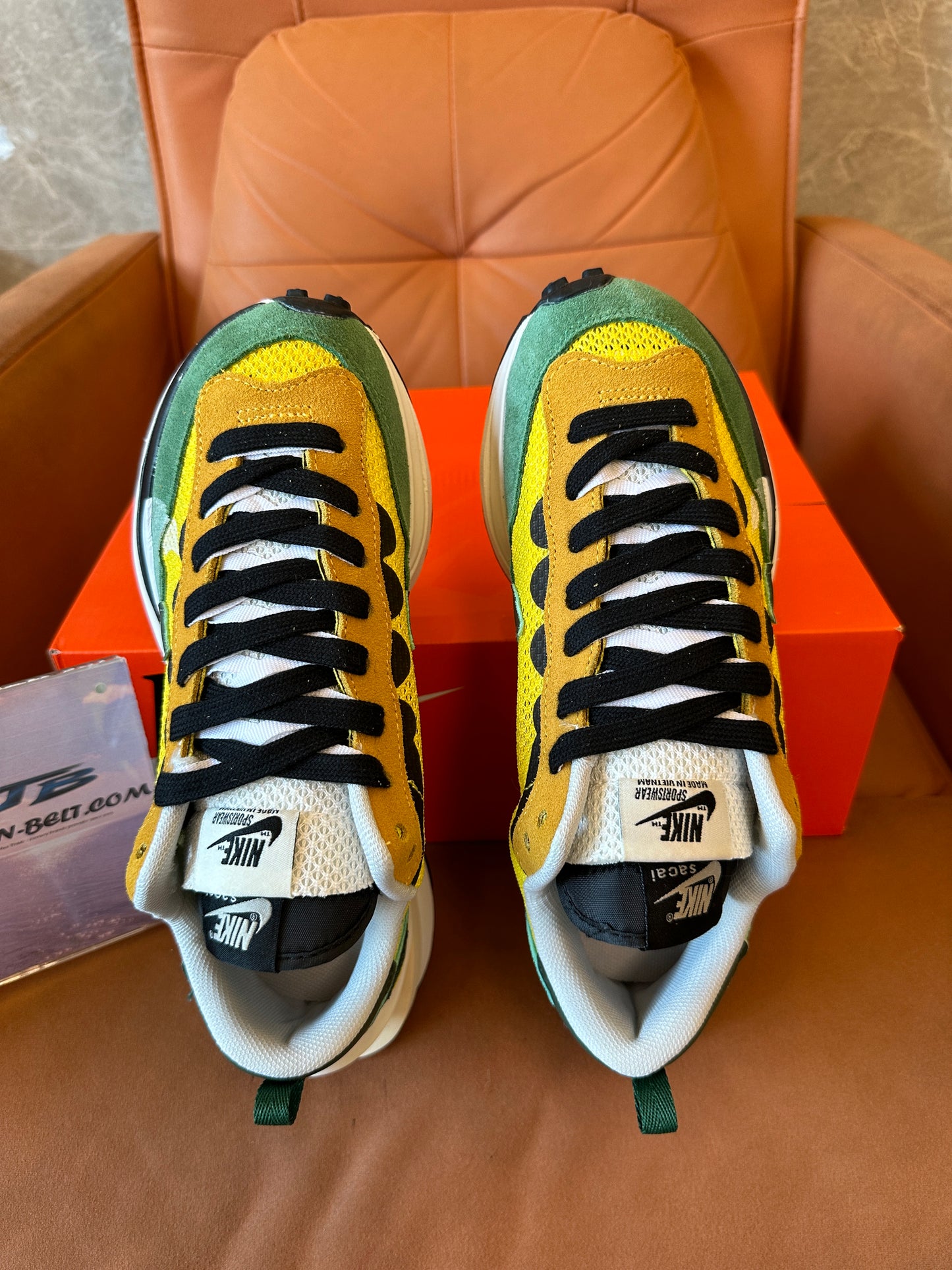 Nike x sacai VaporWaffle "Tour Yellow / Stadium Green" Mesh Suede Sneakers