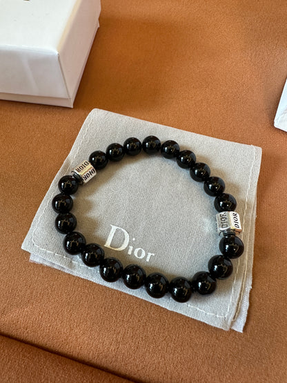 Dior Black Beaded Bracelet with Silver Logo Charms