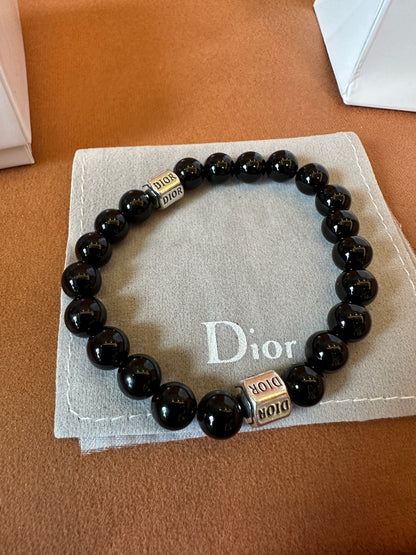 Dior Black Beaded Bracelet with Silver Logo Charms