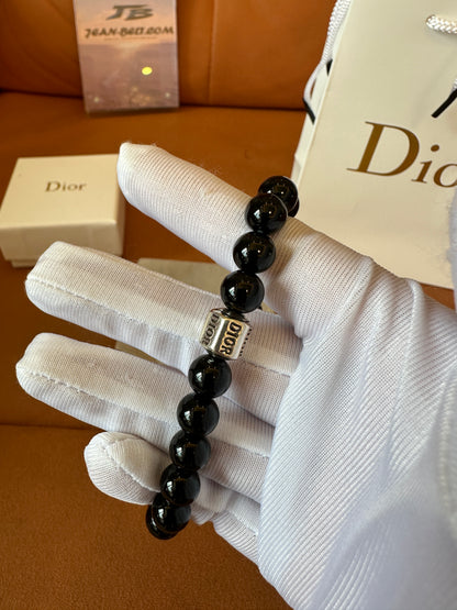 Dior Black Beaded Bracelet with Silver Logo Charms