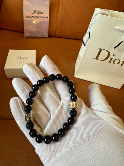 Dior Black Beaded Bracelet with Silver Logo Charms