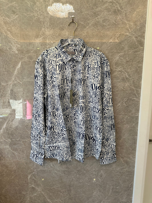 Dior Handwritten Logo Print Long Sleeve Shirt - White & Navy