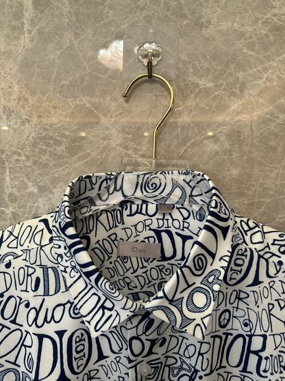 Dior Handwritten Logo Print Long Sleeve Shirt - White & Navy