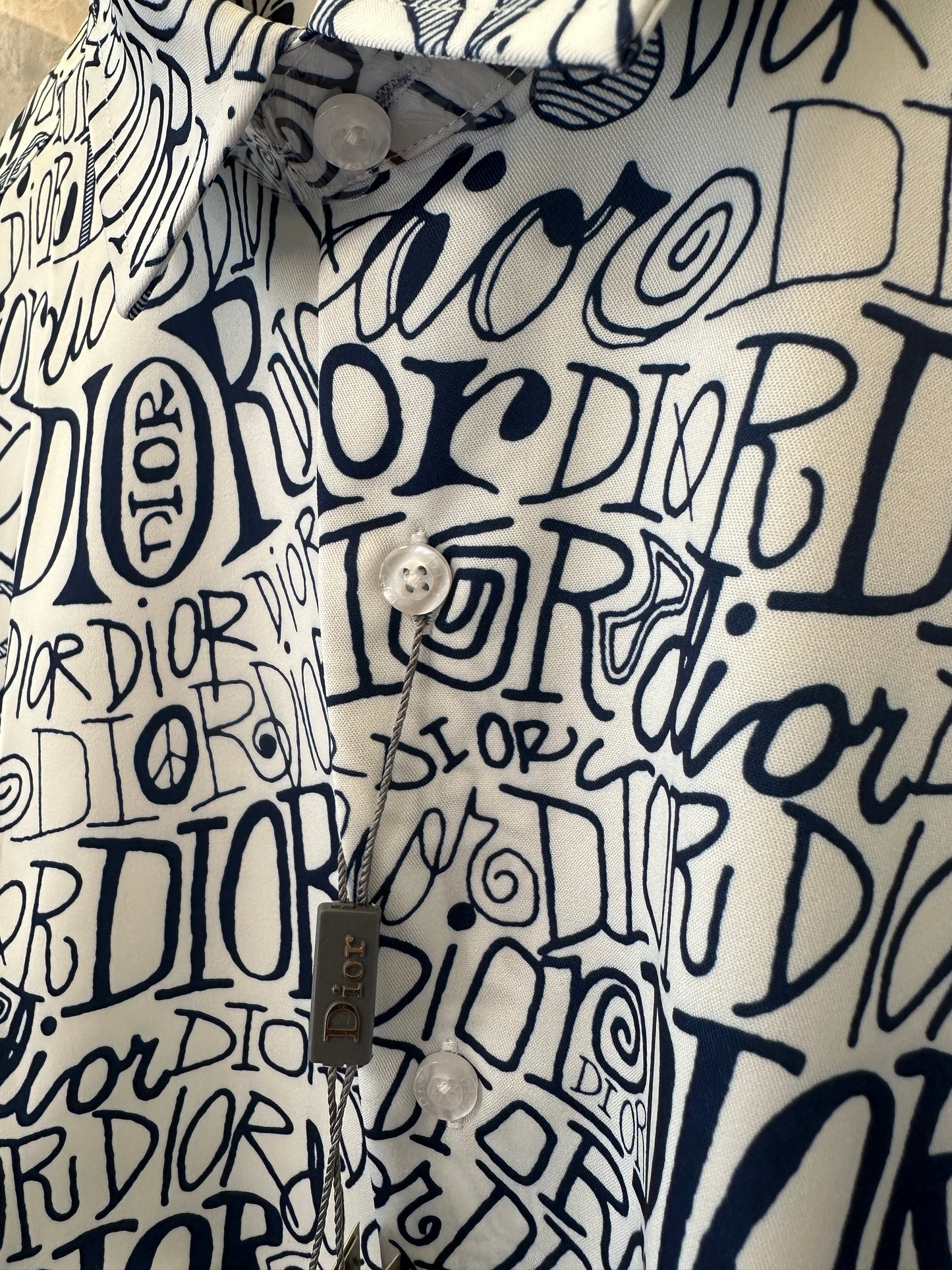 Dior Handwritten Logo Print Long Sleeve Shirt - White & Navy