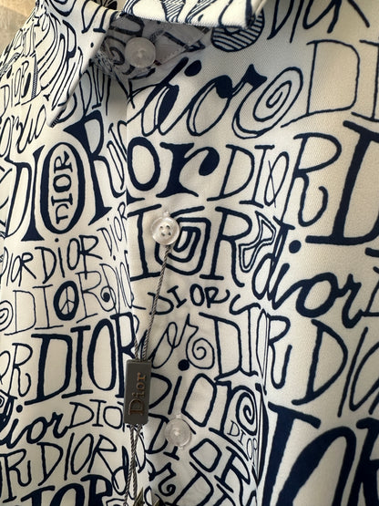 Dior Handwritten Logo Print Long Sleeve Shirt - White & Navy