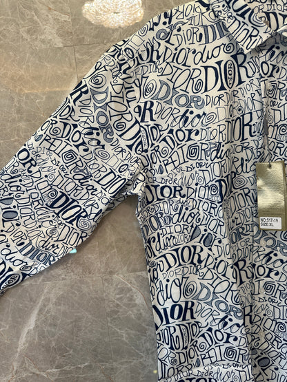 Dior Handwritten Logo Print Long Sleeve Shirt - White & Navy