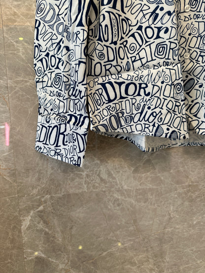 Dior Handwritten Logo Print Long Sleeve Shirt - White & Navy