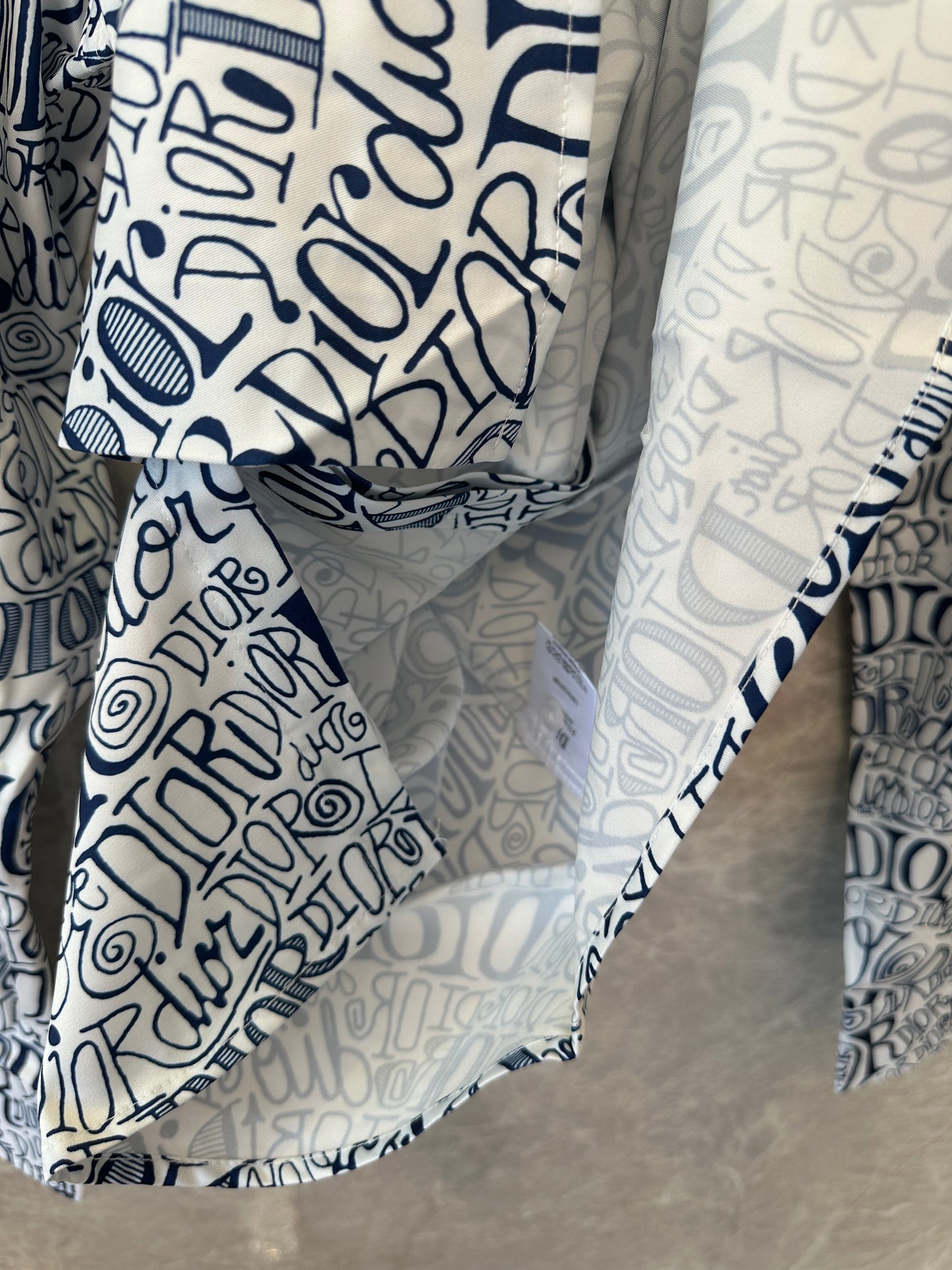 Dior Handwritten Logo Print Long Sleeve Shirt - White & Navy