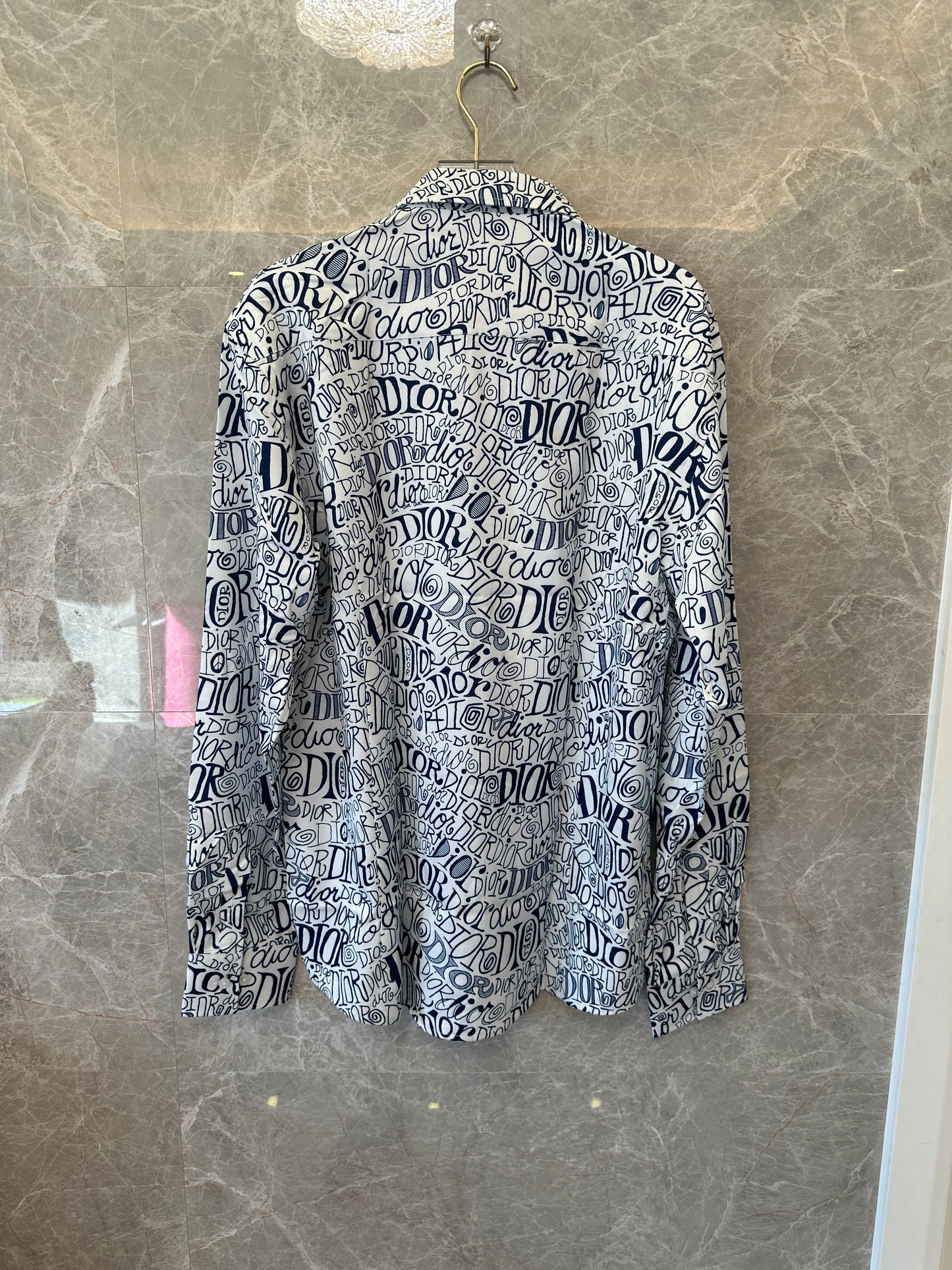 Dior Handwritten Logo Print Long Sleeve Shirt - White & Navy