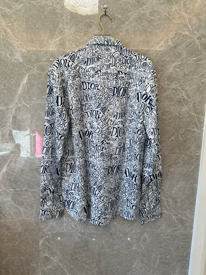 Dior Handwritten Logo Print Long Sleeve Shirt - White & Navy