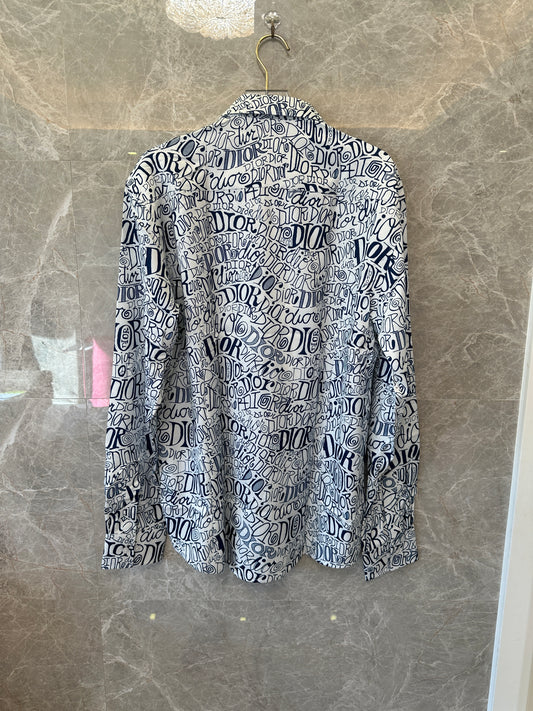 Dior Handwritten Logo Print Long Sleeve Shirt - White & Navy