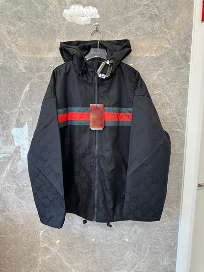 Gucci GG Monogram Windbreaker Jacket Black with Red Green Stripe