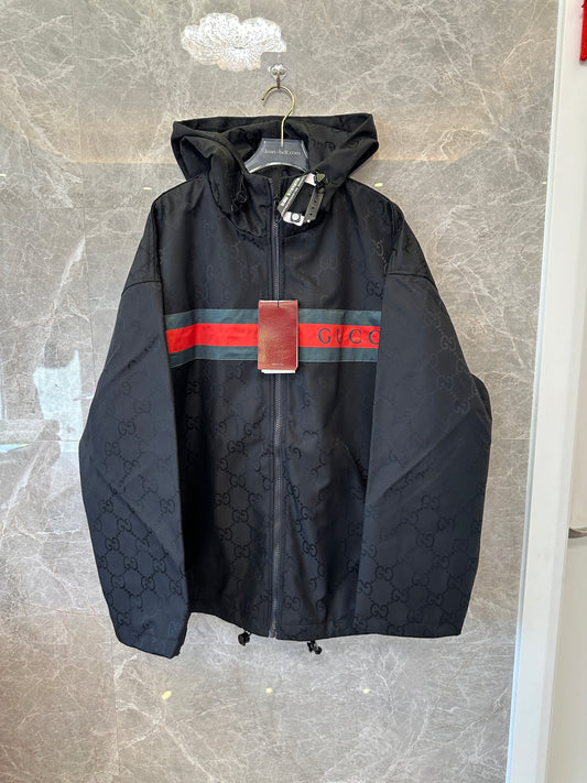 Gucci GG Monogram Windbreaker Jacket Black with Red Green Stripe