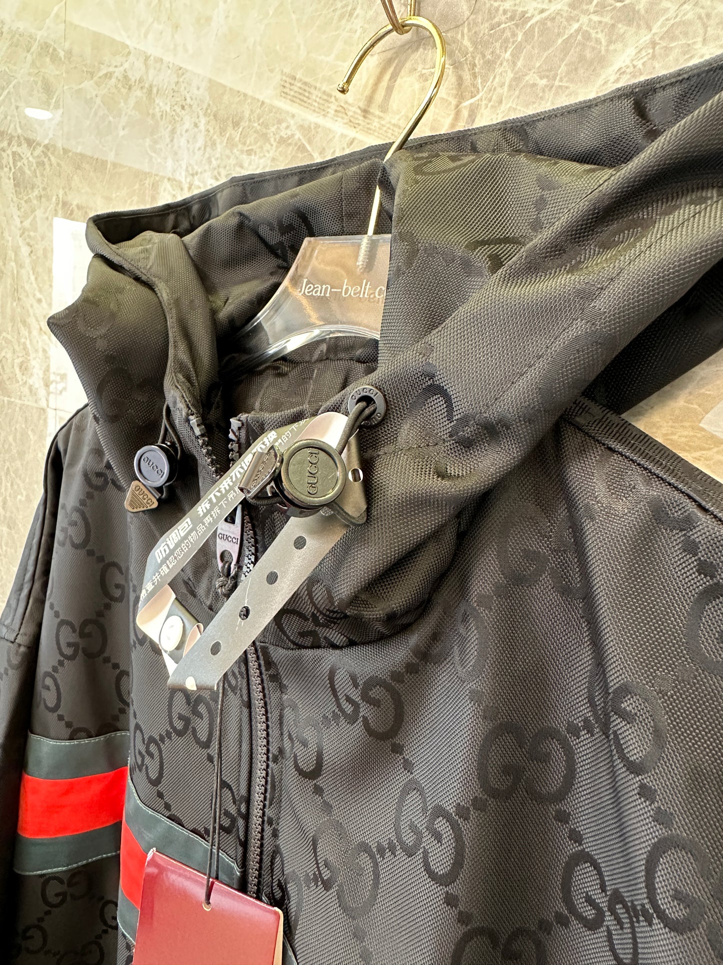 Gucci GG Monogram Windbreaker Jacket Black with Red Green Stripe