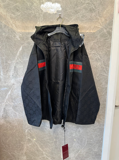 Gucci GG Monogram Windbreaker Jacket Black with Red Green Stripe