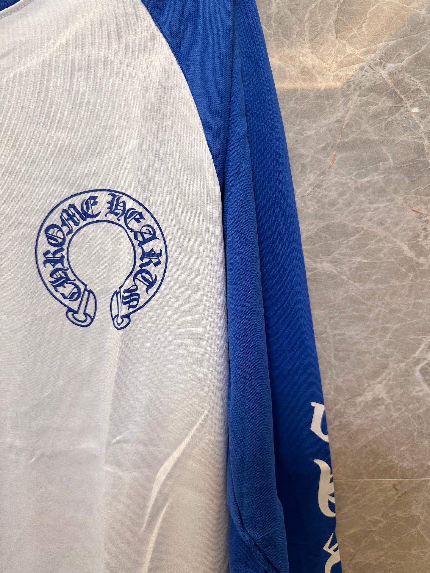 Camiseta de manga comprida azul e branca Chrome Hearts