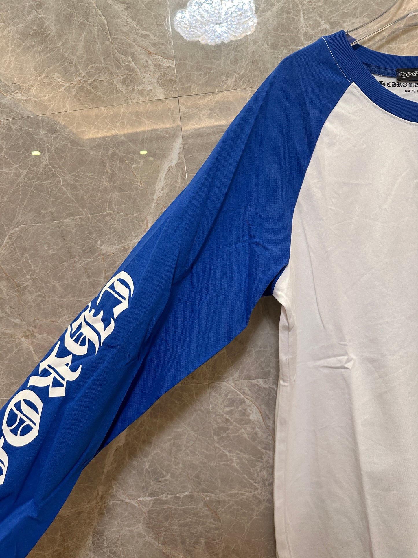 Camiseta de manga comprida azul e branca Chrome Hearts