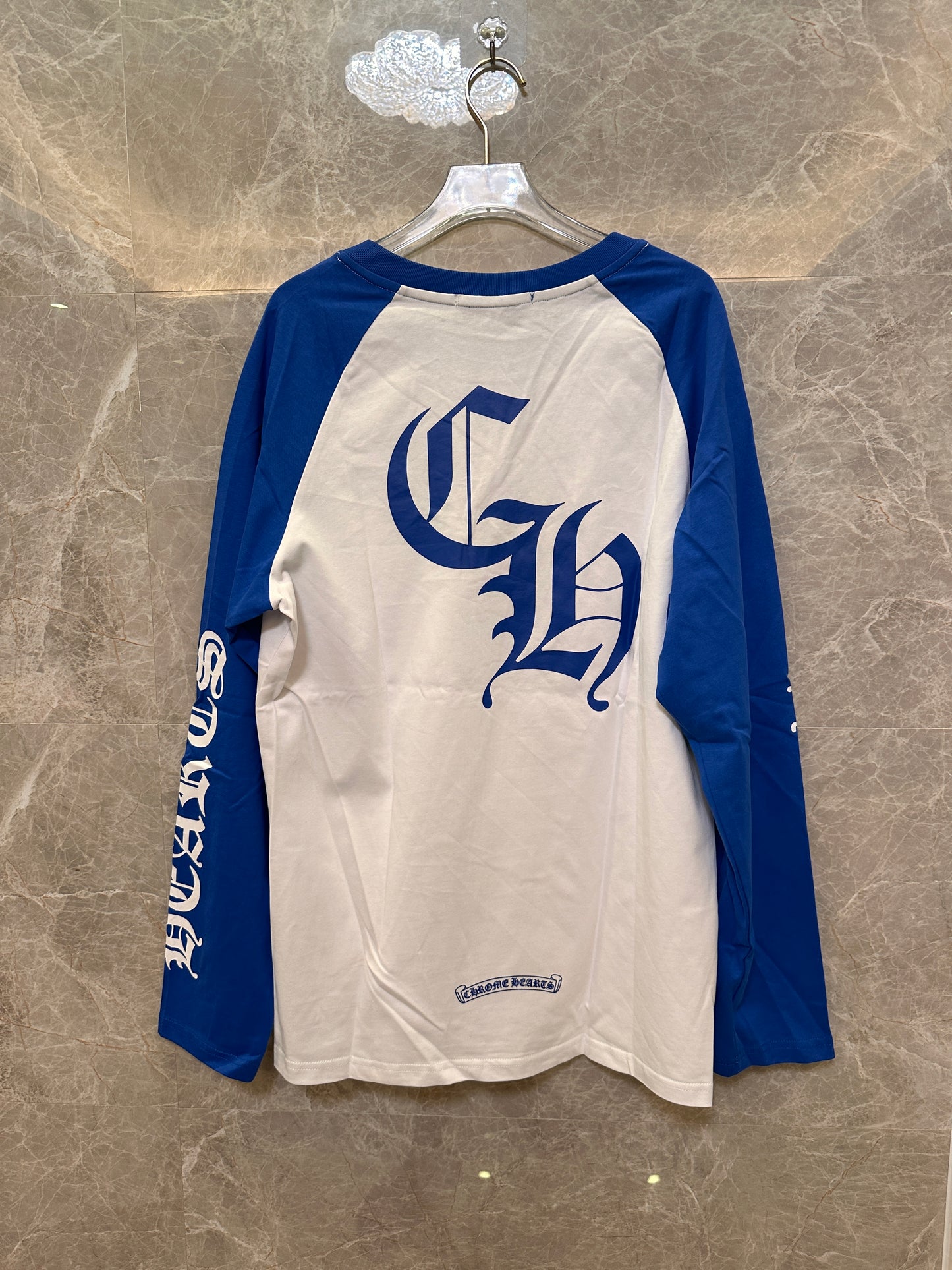 Camiseta de manga comprida azul e branca Chrome Hearts