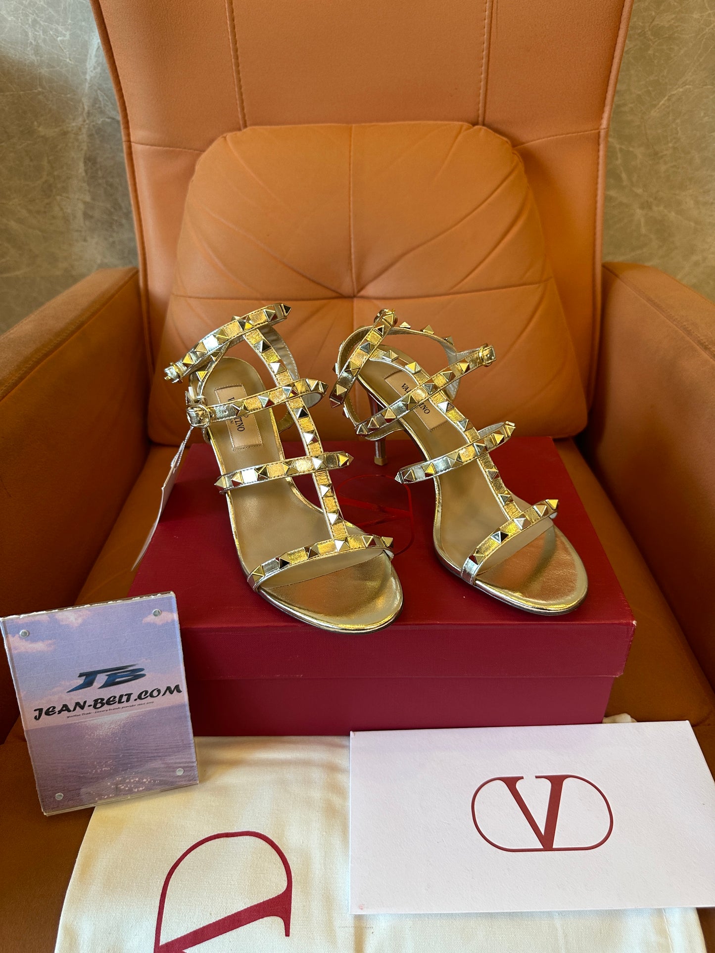 Valentino Rockstud Gold Strappy High Heels Sandals