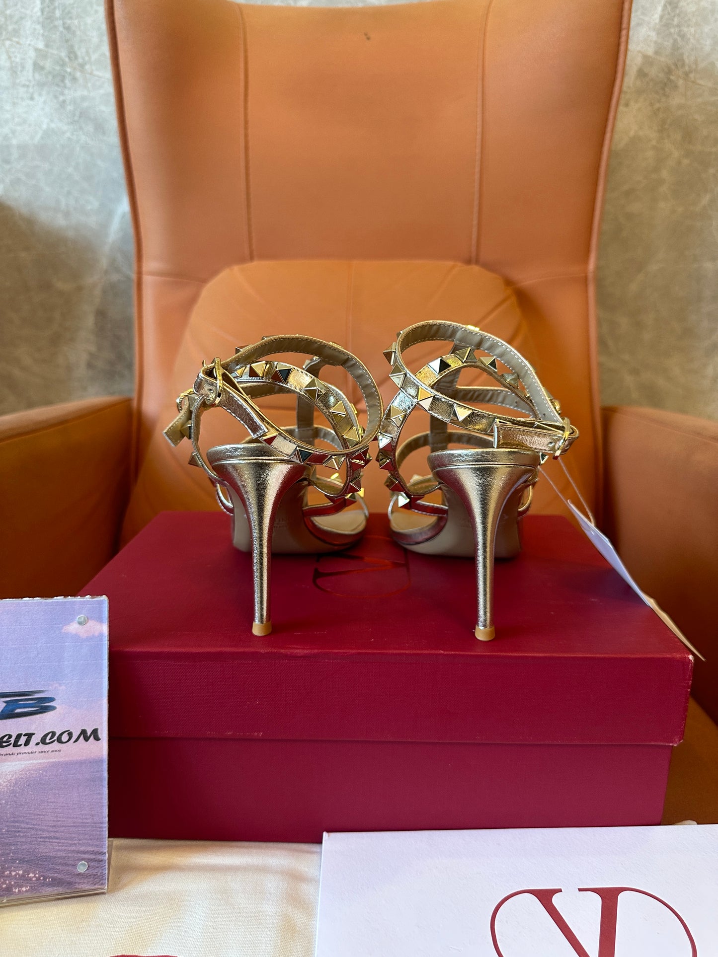 Valentino Rockstud Gold Strappy High Heels Sandals