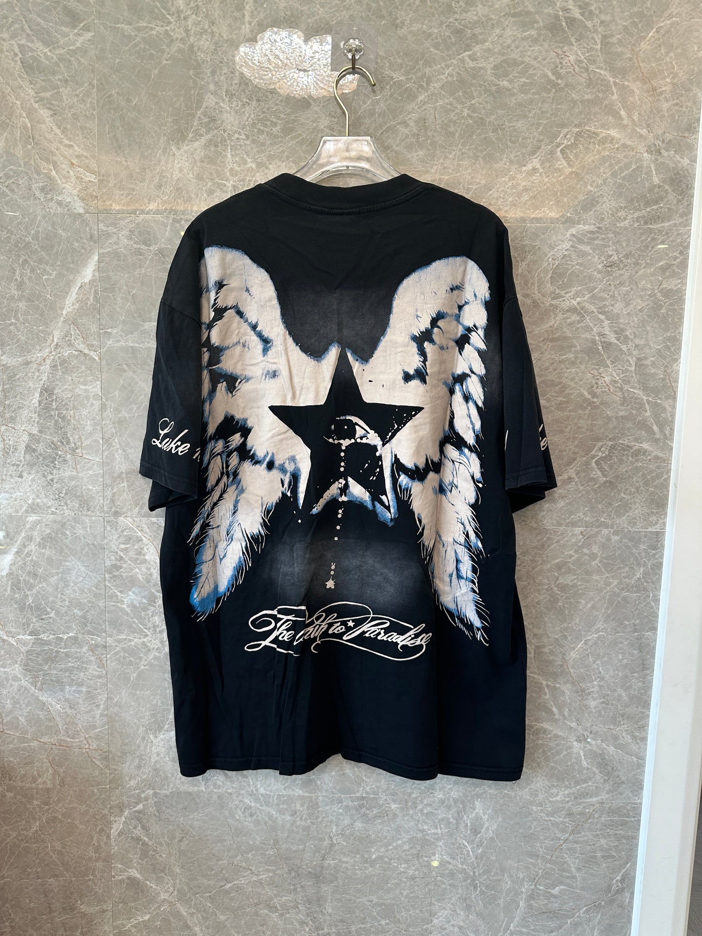 Hellstar "Path to Paradise" Black Graphic T-Shirt – Angel Wings & Crown Print
