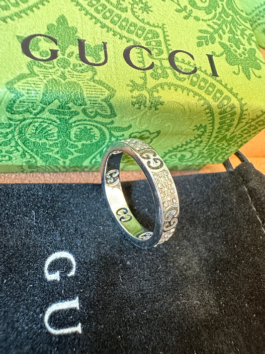 Gucci Icon Band Ring in 18K White Gold with Diamonds GG Motif