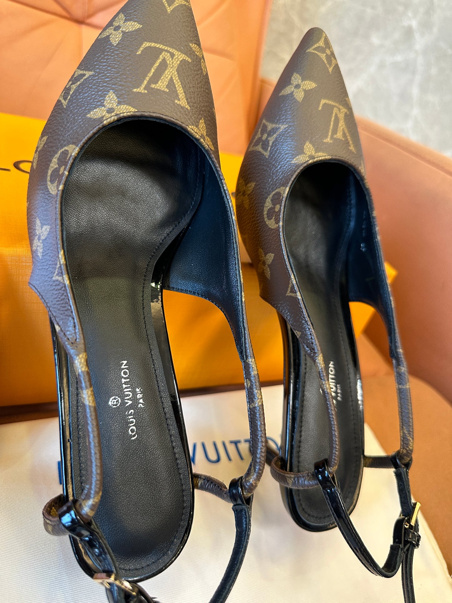 Louis Vuitton Monogram Slingback Pointed-Toe Heels