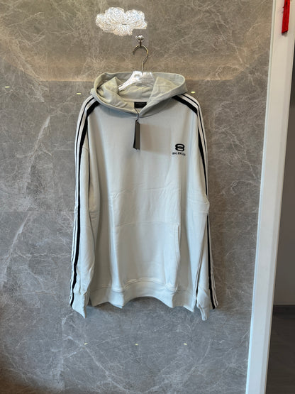 Balenciaga 8 Logo Hoodie – Light Grey with Striped Sleeves