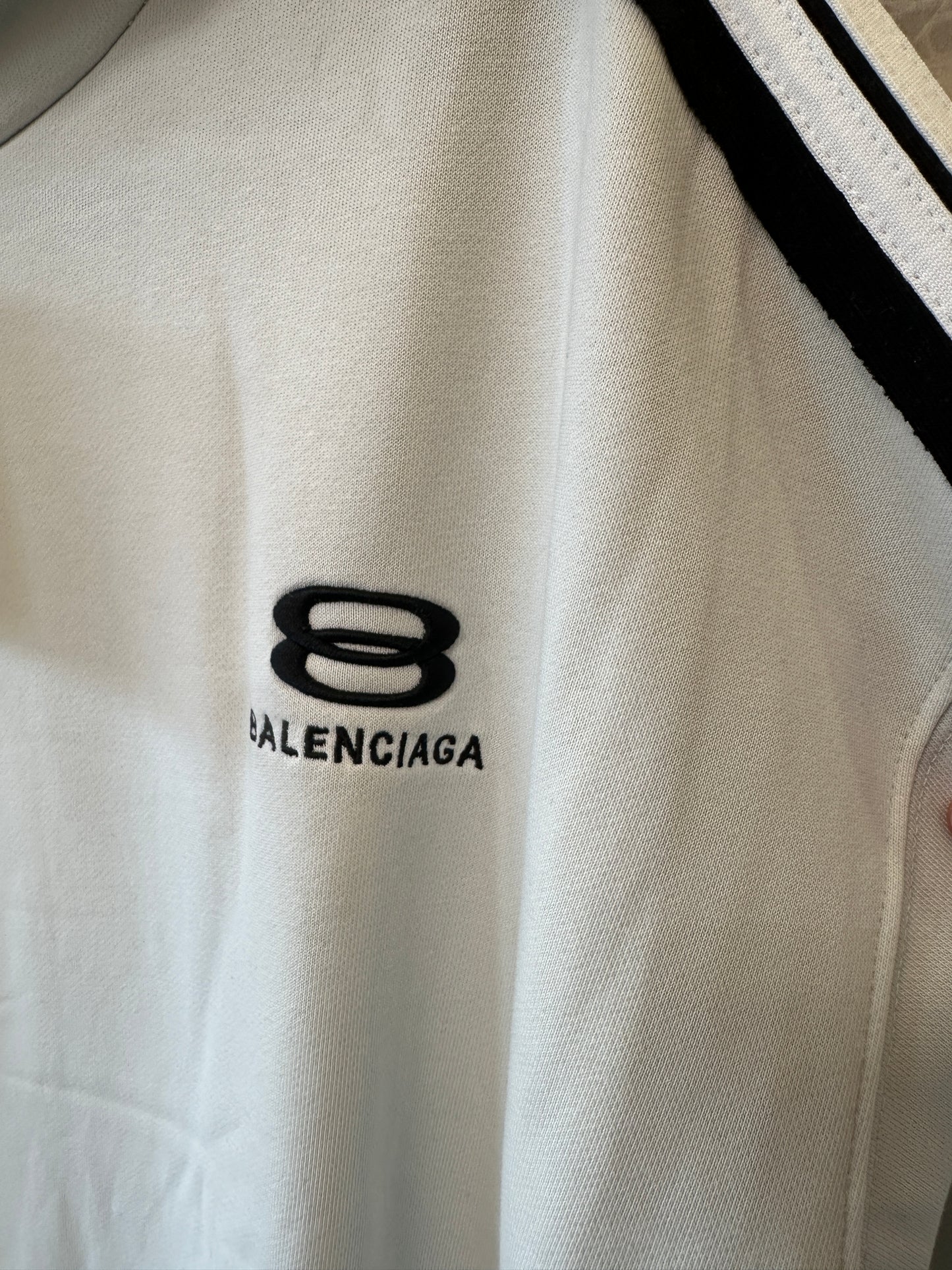 Balenciaga 8 Logo Hoodie – Light Grey with Striped Sleeves