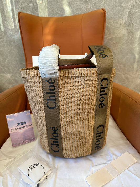 Chloe Woody Small Raffia Basket Bag with Logo Straps
