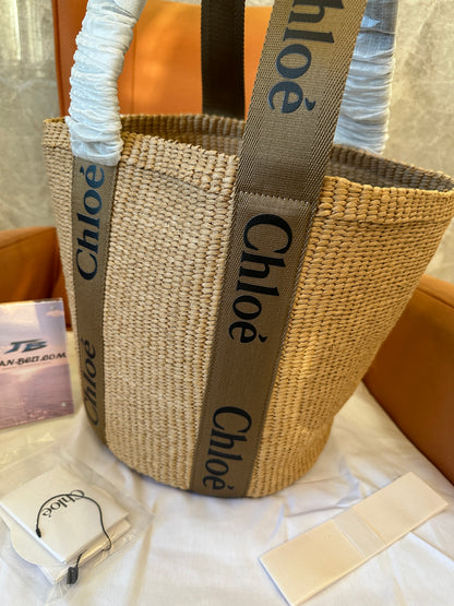 Chloe Woody Small Raffia Basket Bag with Logo Straps