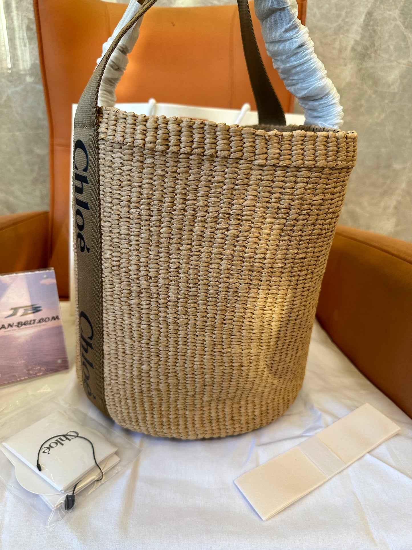 Chloe Woody Small Raffia Basket Bag with Logo Straps