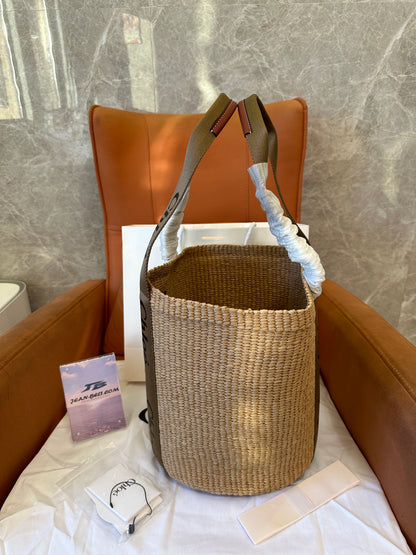 Chloe Woody Small Raffia Basket Bag with Logo Straps