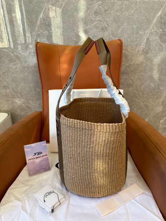 Chloe Woody Small Raffia Basket Bag with Logo Straps