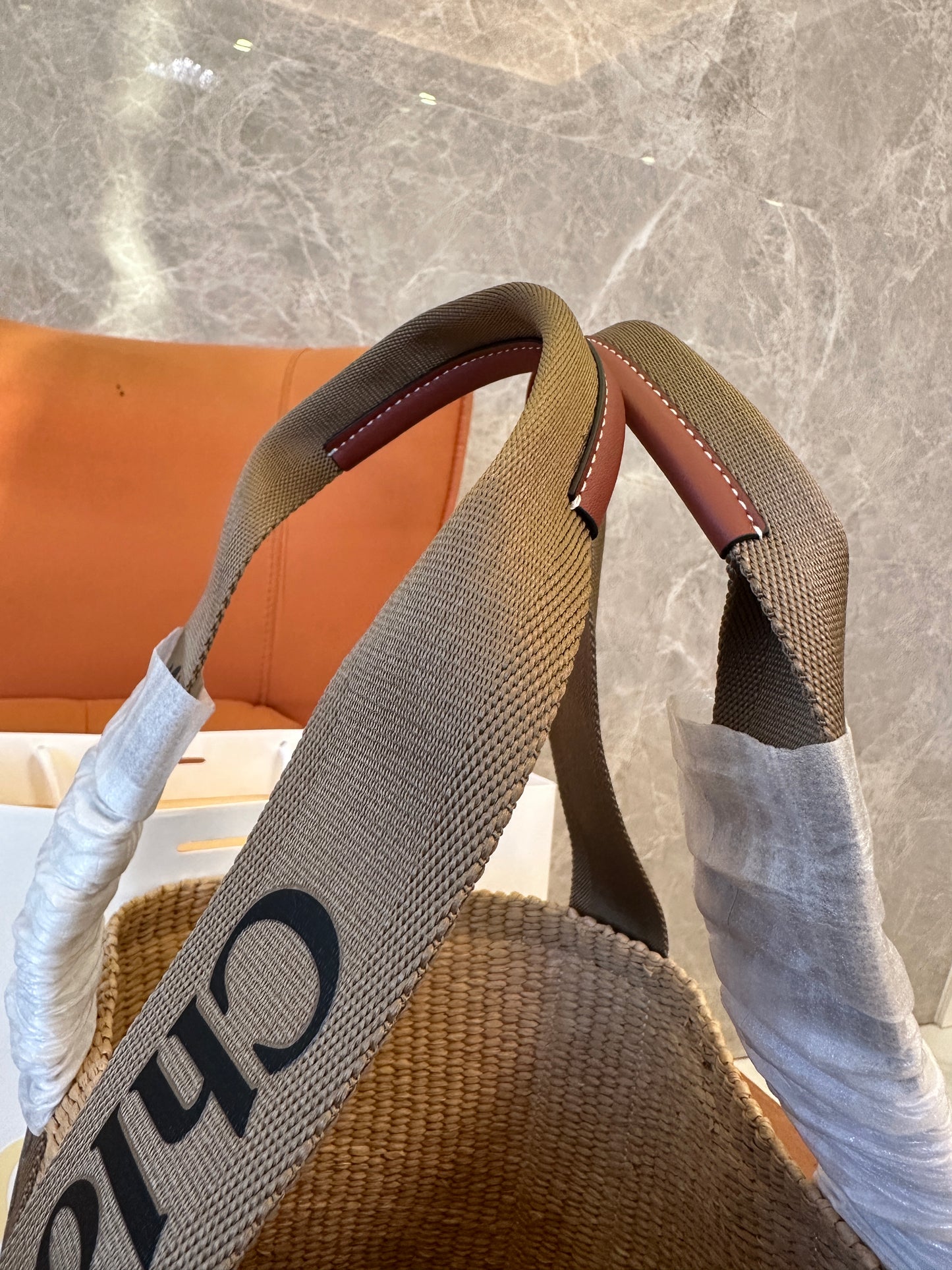 Chloe Woody Small Raffia Basket Bag with Logo Straps
