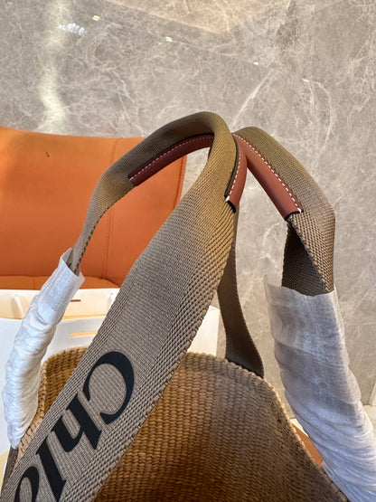 Chloe Woody Small Raffia Basket Bag with Logo Straps