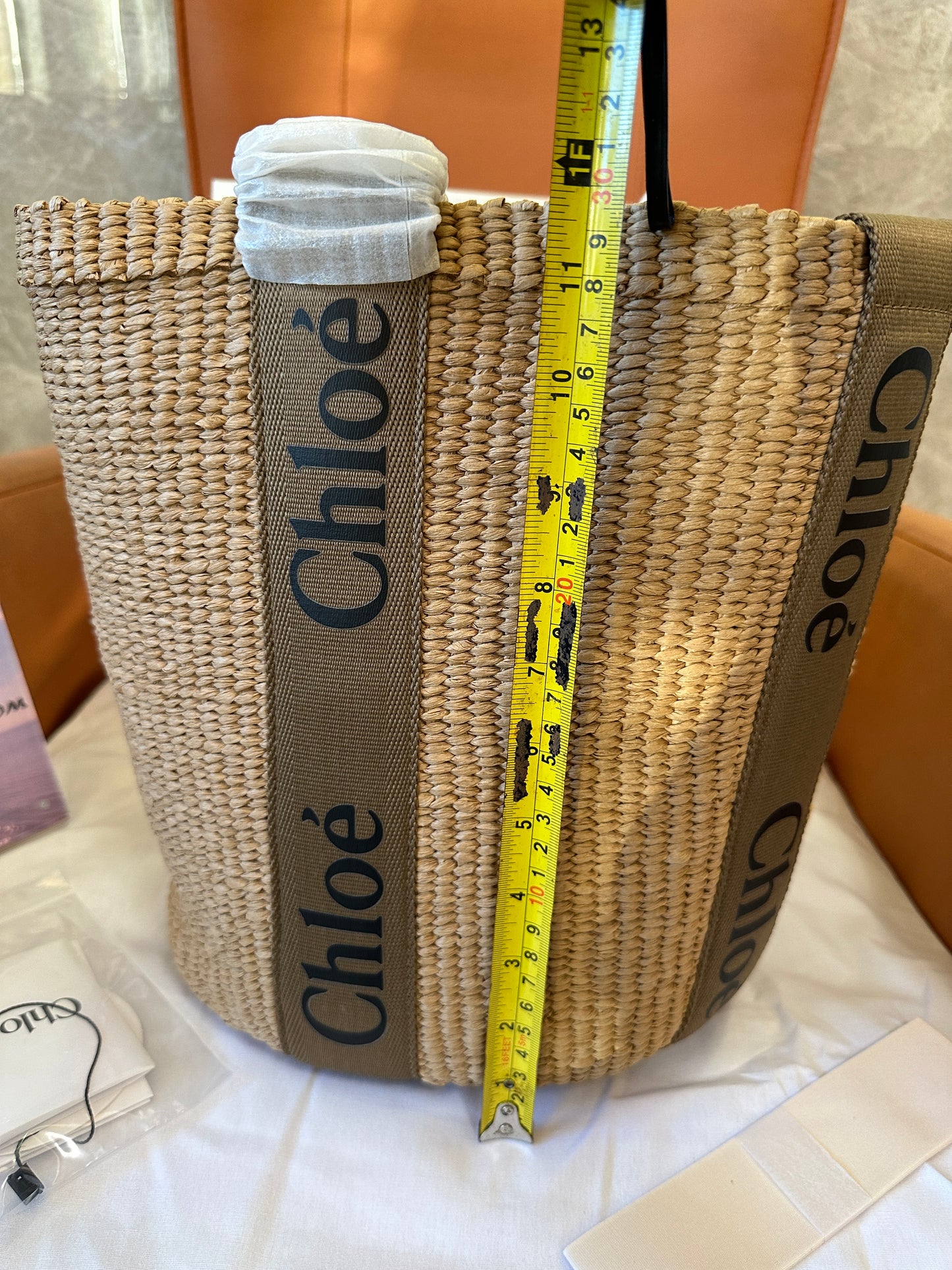 Chloe Woody Small Raffia Basket Bag with Logo Straps