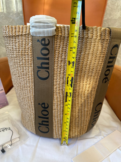 Chloe Woody Small Raffia Basket Bag with Logo Straps