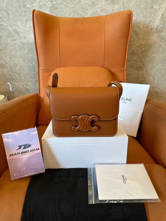 Celine Triomphe Bag in Tan Calfskin with Embossed Logo