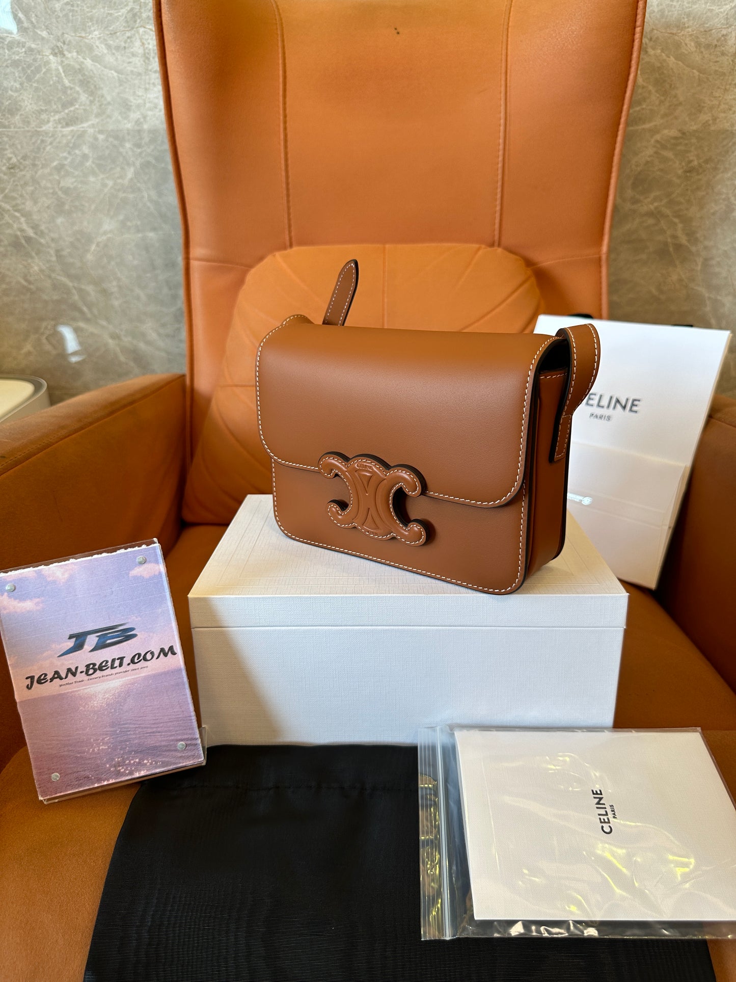 Celine Triomphe Bag in Tan Calfskin with Embossed Logo